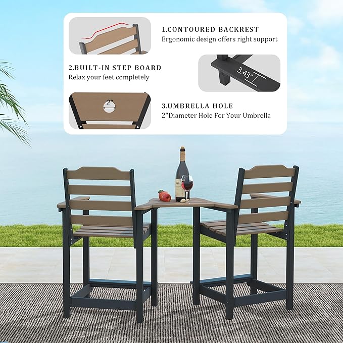 OTSUN Tall Adirondack Chairs Set of 2 with Connecting Tray, 24 inches HDPE Bar Height Outdoor Chairs, All Weather Resistant for Balcony, Porch, Kitchen (2 PCS, Black&Brown)