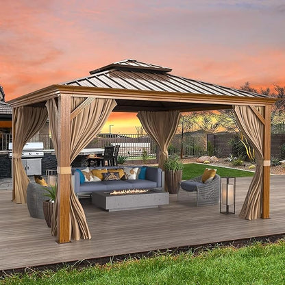 MELLCOM 12'x12' Hardtop Gazebo, Wood Grain Aluminum Frame Outdoor Gazebo with Double Galvanized Steel Roof, Permanent Metal Pavilion with Curtains and Nettings for Patio, Backyard, Deck and Lawns