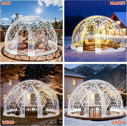 12FT Garden Dome Tent, Geodesic Dome Greenhouse with PVC Clear Cover, Waterproof Garden Bubble Dome Tent House with 2 x 10M Light Strings for Outdoor, Patio, Backyard, Party (White Edge, 10FT/3M)