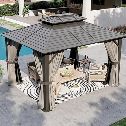 Aoxun 10'x 12' Hardtop Gazebo, Outdoor Dual-Layer Galvanized Steel Double Roof Aluminum Furniture Gazebo Canopy with Netting and Curtains for Deck Backyard Wedding Garden