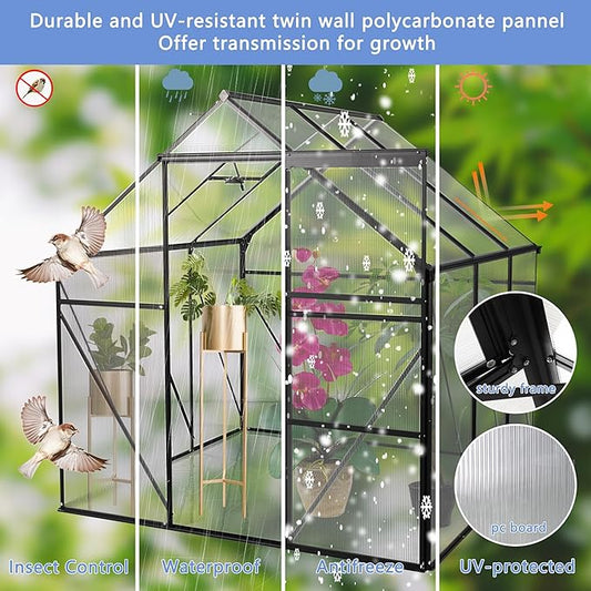 Favfurish 6X6 FT Polycarbonate Greenhouse, All Season Heavy Duty Walk-in Garden Plants Green House for Outdoor Backyard, Raised Base and Anchor Aluminum, Black