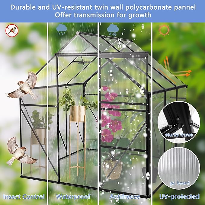6x6 FT Polycarbonate Greenhouse,All Season Heavy Duty Walk-in Garden Plants Green House for Outdoor Backyard,Raised Base and Anchor Aluminum,Easy to Install,Black