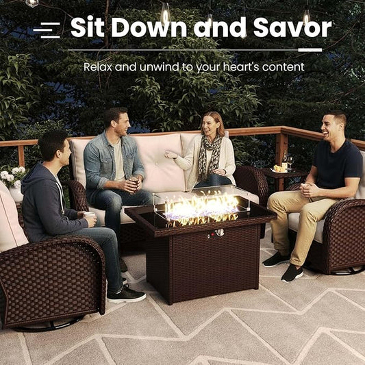 7 Pieces Patio Furniture Sets with Fire Pit Table, Wicker Rattan High Back Outdoor Armchairs Set with 3-Seat Couch, Ottomans and Side Table