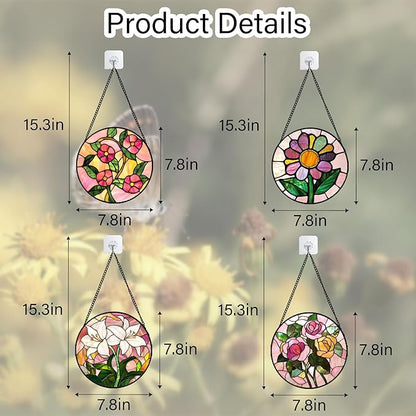 Stained Glass Window Hanging 4 Pcs Set Pink Floral Theme 7.8" - Flowers Suncatcher Door Garden Sun Catcher Decor Birthday Christmas for Mom Woman Nana Men Friend
