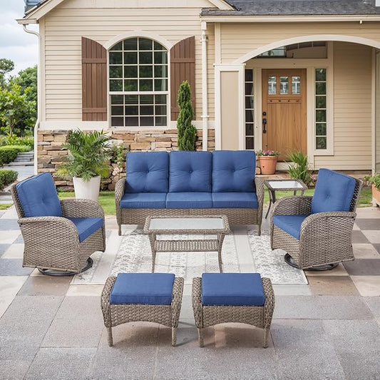 HUMMUH 7 Pieces Outdoor Furniture Set-All Weather Wicker Rattan Couch with Outdoor Rocking Chair Patio Furniture for Deck Lawn Porch Balcony Poolside-Grey/Blue