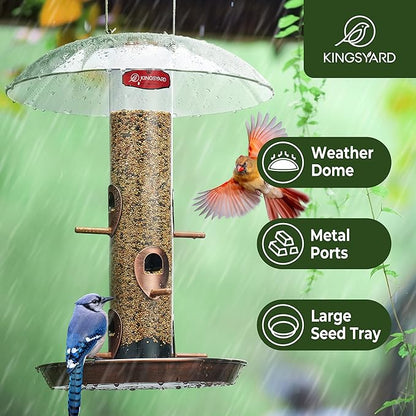 Kingsyard Metal Bird Feeders for Outdoors Hanging, Wild Bird Feeder for Finch Cardinal, Large Tray and Rainproof Dome, 2 lbs Seeds Capacity (Antique Copper)