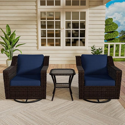 Vista Vibe 3 Pieces Outdoor Patio Conversation Furniture Set - 360 Degree Swivel Glider Rocker Chairs | Wicker End Table, Washable Cushions, Hand-Woven PE Rattan, Lawn, Sunroom (Brown/Navy)
