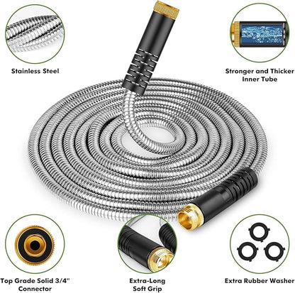Garden Hose 150ft, Metal Stainless Steel Water Hose with 10 Function Nozzle Flexible, Lightweight, Kink-Free, Pet Proof, Puncture Proof Hose for Yard, Outdoor
