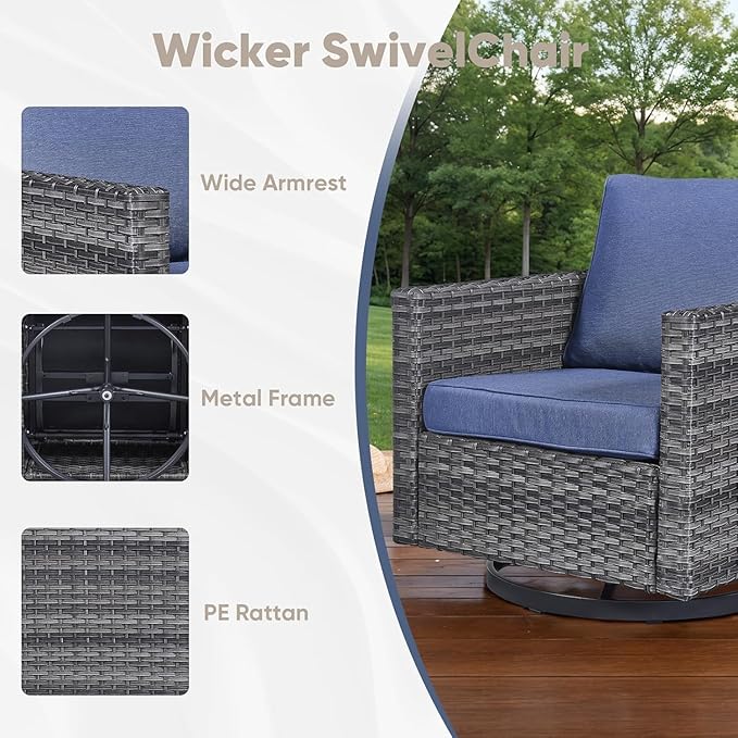 Wicker Patio Furniture Set：7 Piece Outdoor Patio Furniture Set with 2 Swivel Patio Chairs 2 Single Chairs a Coffee Table and 2 Ottomans, Grey Wicker/Blue Cushion