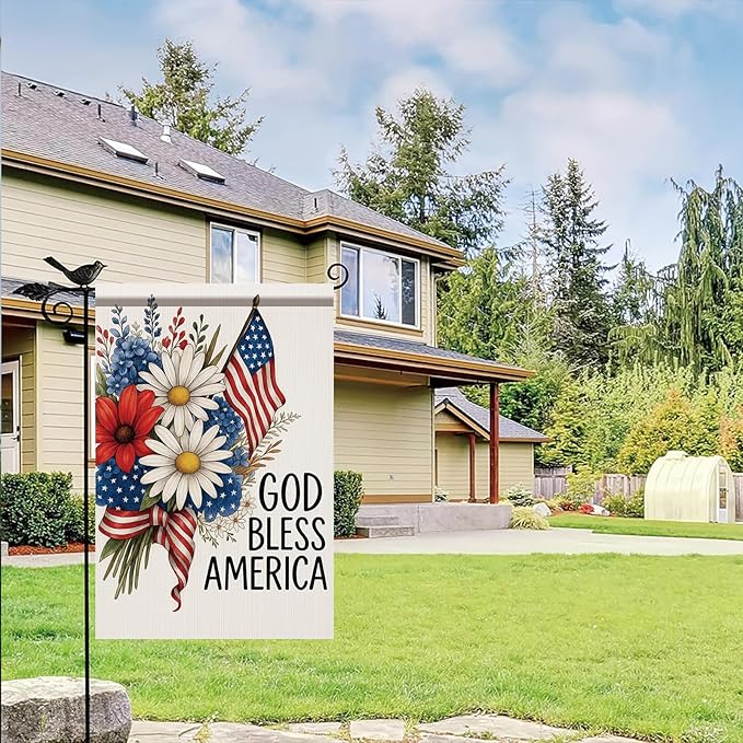 God Bless America Garden Flag 12x18 Inch Double Sided 4th of July Patriotic Flag Daisy Flower Yard Banner Outdoor Decoration for Memorial Independence Day Seasonal Holiday Home Decor
