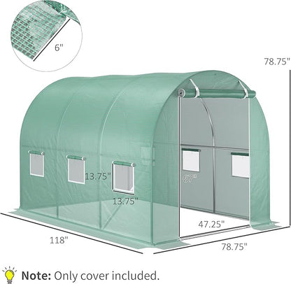 Outsunny 9.8' x 6.6' x 6.6' Plastic Greenhouse Cover Replacement, Heavy Duty Waterproof Tarp for Hoop House, Sheeting with 6 Windows, Door & Reinforcement Grid, Green