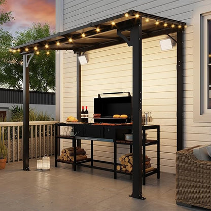 MEISSALIVVE 8' x 5' Gazebo Outdoor Pergola for Patio, Small Wall Mounted Lean to Metal Awnings with Sloped Roof, Heavy Duty Awnings for Patio, Decks, Backyard, Black