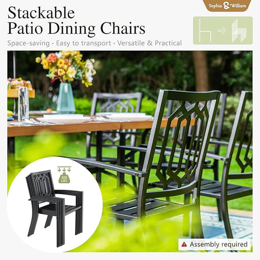 Sophia & William 7 Piece Outdoor Table and Chairs Patio Dining Set Metal Patio Table Furniture Set with Large Rectangular Dining Table for 6 Person and Stackable Outdoor Chairs Support 300LBS (Balck)