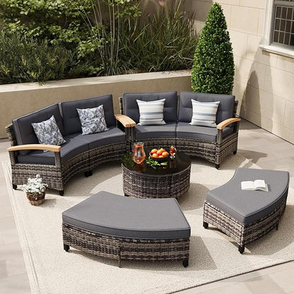 MEISSALIVVE 8 Piece Outdoor Patio Furniture Set, Half-Moon Curved Sectional Set with Wood Armrests, 2 Half-Moon Ottomans, Round Table (Grey)
