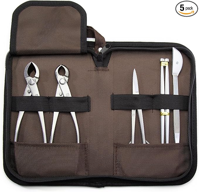 Small Size TianBonsai Bonsai Tools 5-Piece Alloy Steel Bonsai tool Kit In Cluding 180mm Long Handle Scissors / 180mm Branch Cutter / 180mm Knob Cutter / 200mm Straight Root Hook/Tweezers (NBKS5-01)