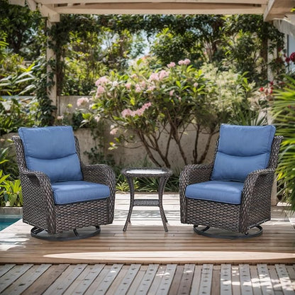 Patio Swivel Chairs with Smile-Shaped Cushions, 3 Piece High Back Patio Swivel Glider Chairs with Side Table 3PCS PE Rattan Luxury Swivel Patio Chair Set Brown Wicker - Blue Cushions