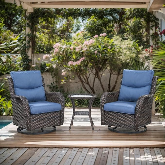 Patio Swivel Chairs with Smile-Shaped Cushions, 3 Piece High Back Patio Swivel Glider Chairs with Side Table 3PCS PE Rattan Luxury Swivel Patio Chair Set Brown Wicker - Blue Cushions