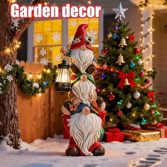 Mom Christmas Gnome Statue with Solar Lights Garden Sculptures Funny Triple Gnome Outdoor Patio Lawn Yard Balcony Home Decor Birthday Gifts for Woman Grandma 12 in Thanksgiving Gnome
