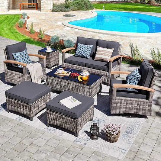 MEISSALIVVE 7 Pieces Patio Furniture Sets,PE Wicker Outdoor Conversation Sets with 2 Wood Armrests Swivel Rocker Chairs, 2 Ottoman, 2-seat Sofa and Coffee Table(Grey)