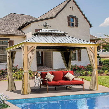 Domi 12' x 14' Hardtop Gazebo Permanent Aluminum Gazebo with Wood-Looking Frame, Galvanized Steel Double Roof, Curtains and Netting for Patio, Lawn, and Garden