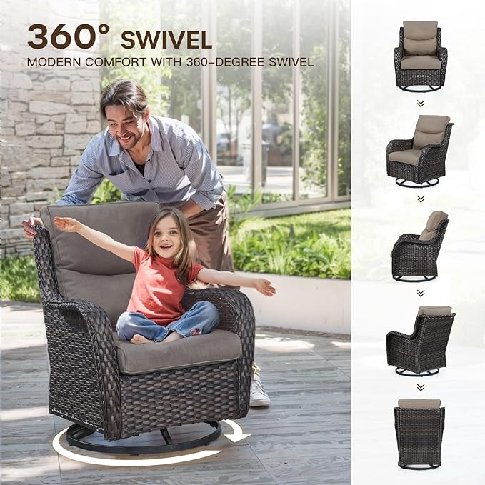 Patio Conversation Set with Smile-Shaped Cushions, Luxury Outdoor Swivel Chairs with Side Table and Ottomans, 5PCS PE Rattan Swivel Glider Chairs Set, Brown Wicker|Grey Cushions