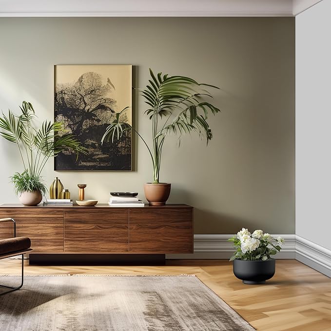 Kante 13.8 Inch Dia Concrete Bowl Planter, Large Tapered Bottom Plant Pot with Drainage, Smooth Black Finish with Warm Brown Interior, Ideal for Porch, Home, Garden, Patio