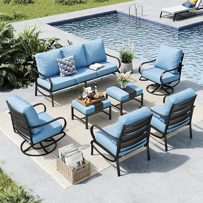 MFSTUDIO 7 Pieces Metal Patio Furniture Sets, 2 Swivel Chairs, 3-Seat Deep Seating Sofa, 2 Single Couch and 2 Ottoman, All Weather 9 Seats Outdoor Conversation Set for Garden Backyard, Blue Cushion