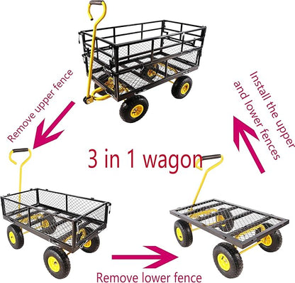 Heavy Duty Garden Wagon with Foldable Sides, Pneumatic Tires, Adjustable Handle (Yellow + Black Double Layer)