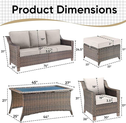 6 Pieces Outdoor Patio Furniture-High Back Rattan Wicker Couch with Outdoor Chairs Patio Conversation Sets for Porch Garden Backyard Poolside-Brown/Beige
