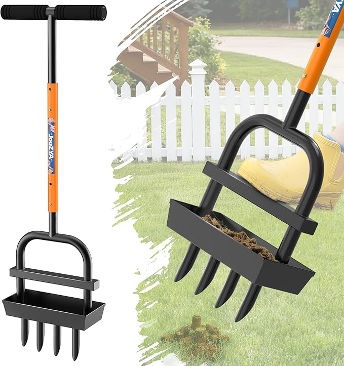 Lawn Aerator Coring Tool with Soil Core Collection Tray, 4 Tines Manual Yard Air Grass Aerator Gardening Tool for Lawn Care Courtyard,Orange（Updated Box）