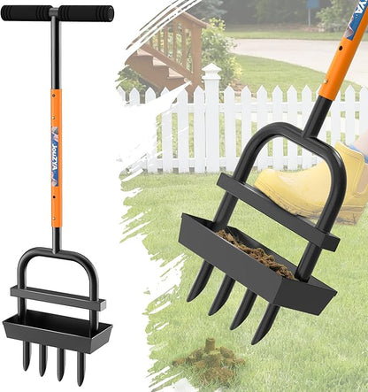 Lawn Aerator Coring Tool with Soil Core Collection Tray, 4 Tines Manual Yard Air Grass Aerator Gardening Tool for Lawn Care Courtyard,Orange（Updated Box）