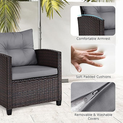 ORALNER 3 Pieces Patio Furniture Set, Outdoor Wicker Conversation Set Rattan Chairs with Cushions, Glass Coffee Table, Bistro Set for Front Porch Balcony Garden Deck Poolside (Grey)