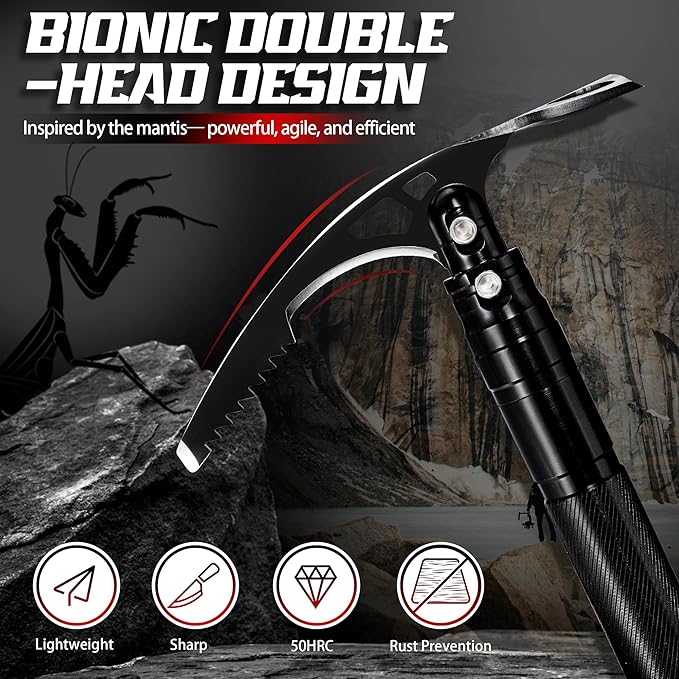 Pick Axe 8 in 1, Folding Pickaxe Mattock with Multi-Purpose Garden Hoe and Survival Knife, Stainless Steel Pick Axes for Digging, Ice Chipping and Weeding