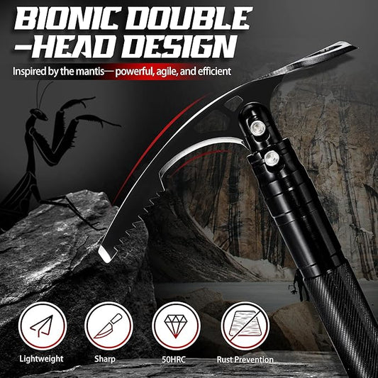 Pick Axe 8 in 1, Folding Pickaxe Mattock with Multi-Purpose Garden Hoe and Survival Knife, Stainless Steel Pick Axes for Digging, Ice Chipping and Weeding