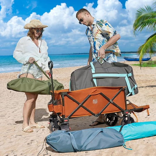 TIMBER RIDGE 47"L Collapsible Folding Wagon with Tailgate, 550lbs Heavy Duty Beach Wagon with All-Terrain Big Wheels, 250L Foldable Utility Wagon Cart for Sand Camping Sports Shopping, Orange