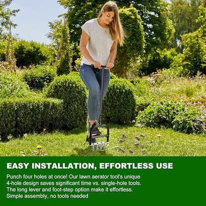 Lawn Core Aerator Tool Coring Grass Aerator Lawn Tool 4 Hollow Tines for Efficient Aeration Heavy Duty Steel Manual Plug Aerator for Lawn Care/Yard Soil Loosening/Grass Maintenance