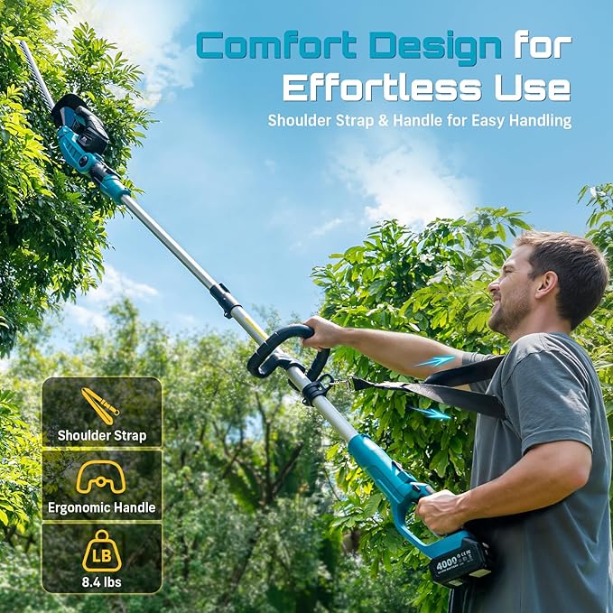 SEESII Pole & Cordless Hedge Trimmer 2-in-1: Electric Bush Trimmer with 20" Dual-Action Blade - 2 Pcs 4.0Ah Batteries, Telescopic Pole, Adjustable Rotating Head, Handheld Hedge Cutter for Tree Shrubs