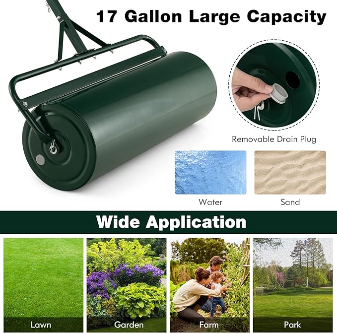 IRONMAX Lawn Roller, 17 Gallons/63 L Manual & Tow-Behind Steel Sod Roller w/Push Pull Handle, Lawn Rollers Tow Behind Water Filled for Yard, Park, Garden, Ball Field (17 Gallons, Green)