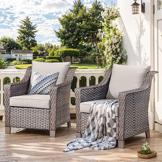 Outdoor Wicker Chair Set of 2-Outdoor Patio Chairs with Deep Seating Patio Dining Chairs for Deck Balcony Poolside Backyard-Brown/Beige