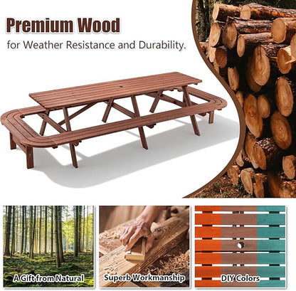 16-Person Picnic Table Set with Attached Benches & Umbrella Hole,Rectangle Brown Outdoor Wood Dining Table & Chairs for Patio Yard Garden Porch Deck