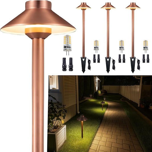 Gardenreet Outdoor Brass Pathway Lights, Low Voltage Landscape Path Light Wired, 12v Walkway Lamp LED Waterproof, Hat-top Copper for Outside Garden Yard Driveway with 3W 270LM 3000K G4 Bulb (4 Pack)
