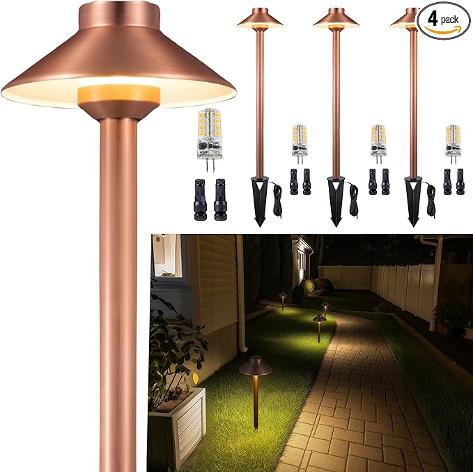 Gardenreet Brass Copper Low Voltage Path Lights, Landscape Pathway Light, 12V LED Outdoor Bronze Hat Top Walkway Lamp for Driveway Yard Garden with 3W 270LM 4000K G4 Bulb 4 Pack