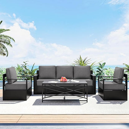 Outdoor Patio Furniture Set, 4-Piece Aluminum Patio Conversation Set All-Weather Metal Outdoor Sectional with 6 Inch Thick Cushions, Deep Setting for Garden, Outside and Porch