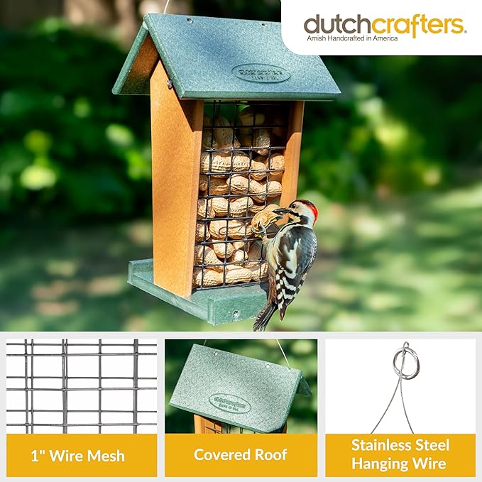 DutchCrafters Plastic Poly Hanging Whole Peanut Bird Feeder for Large Birds, Woodpeckers, Crows, Blue Jays for Outdoor, Garden, Yard - USA Amish Made (Black & Weatherwood)