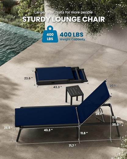 Foldable Pool Lounge Chairs, Aluminum Chaise Lounge Outdoor with 5 Positions Recliner - Free Assembly - Patio Lounge Chair for Poolside, Beach (Navyblue)