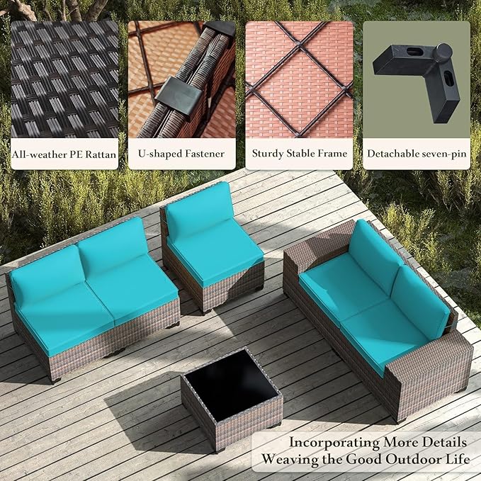 Outdoor Patio Furniture Set, 6 Pieces Outdoor Furniture All Weather Patio Sectional Sofas PE Wicker Modular Conversation Sets with Coffee Table,5 Chairs & Seat Clips Turquoise Blue.