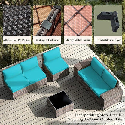 Outdoor Patio Furniture Set, 6 Pieces Outdoor Furniture All Weather Patio Sectional Sofas PE Wicker Modular Conversation Sets with Coffee Table,5 Chairs & Seat Clips Turquoise Blue.