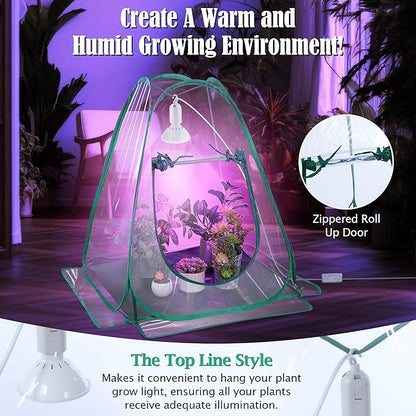 Meonum 2 Pack Mini Greenhouse with 10W 200 LED Grow Light Bulbs for Indoor, 27" x 27" x 30" Pop Up Small Greenhouse Cover with Bottom Waterproof Bottom Mat for Indoor Outdoor Plants Seed Starting
