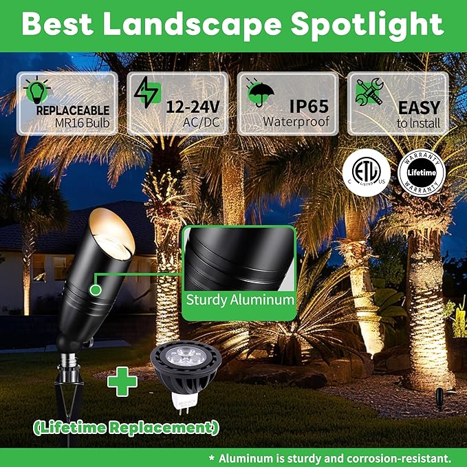 Low Voltage Landscape Spotlights, Black Outdoor LED 12V LED Lights, Waterproof Aluminum Uplighting for Tree House Garden with 5W MR16 Bulb 2700K