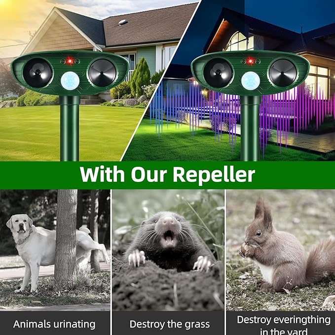 2 Pack Solar Animal Repellent Ultrasonic Outdoor Squirrel Racoon Fortress pro,Cat Deer Repellent with Motion Sensor,Waterproof Mouse Dog Skunk Rabbit Deterrent for Yard